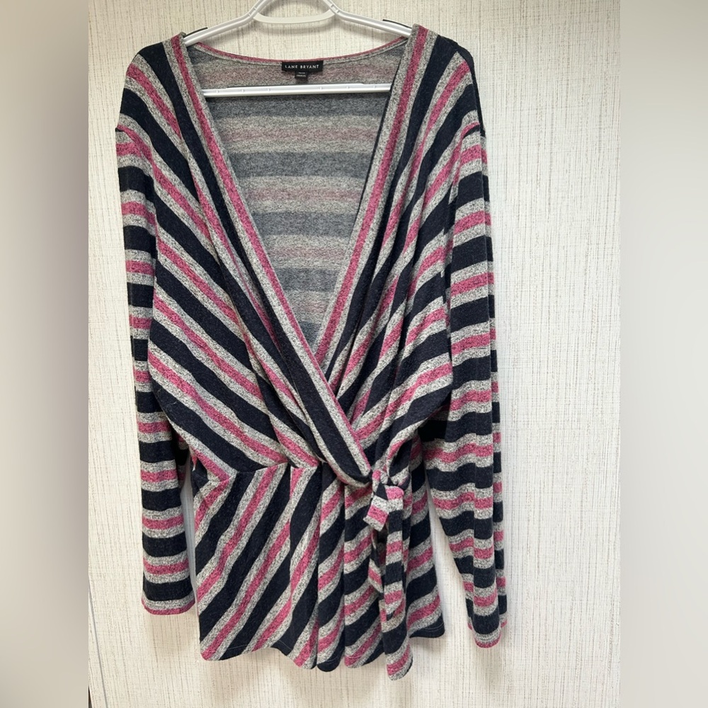 Lane Bryant Long Sleeve Blue Pink & Gray Heather Babydoll Faux Wrap Tie Side Top